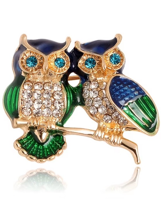 Jewelry - gold-tone owl couple brooch vibrant green blue enamel paired crystal rhinestones
